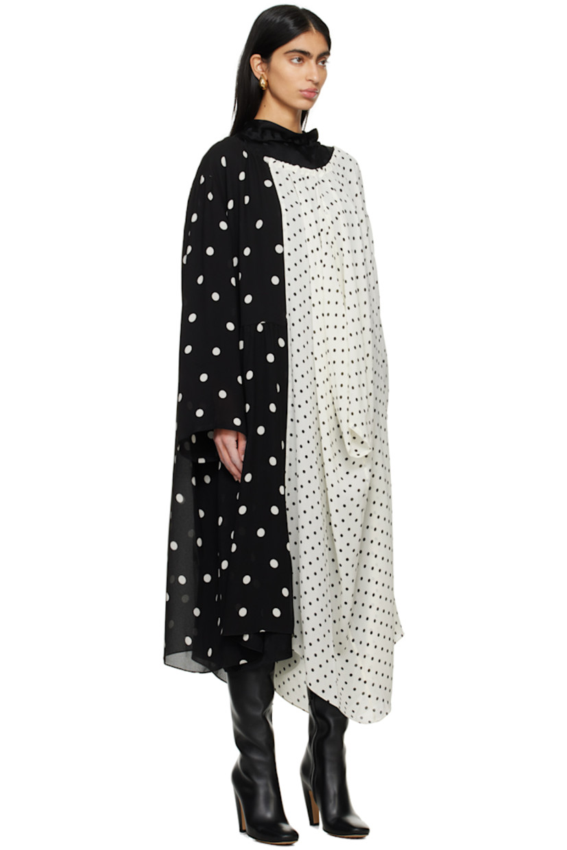 Viscose crepe and silk twill dress. Polka dots throughout.

· Asymmetrical, wrap, and layered construction
· Self-tie fastening at mock neck
· Detachable belt and belt loops at waist
· Gathering at waist and shoulders

Supplier color: Variable polka dots