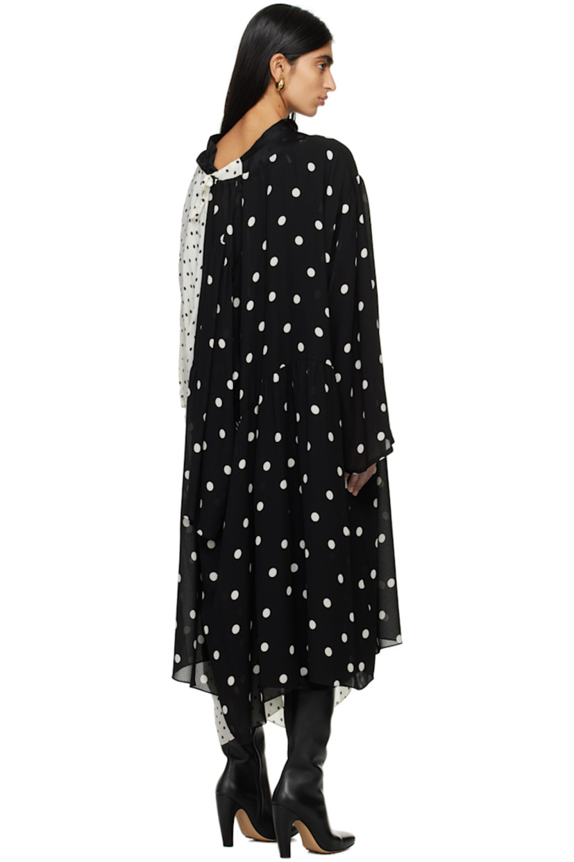 Viscose crepe and silk twill dress. Polka dots throughout.

· Asymmetrical, wrap, and layered construction
· Self-tie fastening at mock neck
· Detachable belt and belt loops at waist
· Gathering at waist and shoulders

Supplier color: Variable polka dots