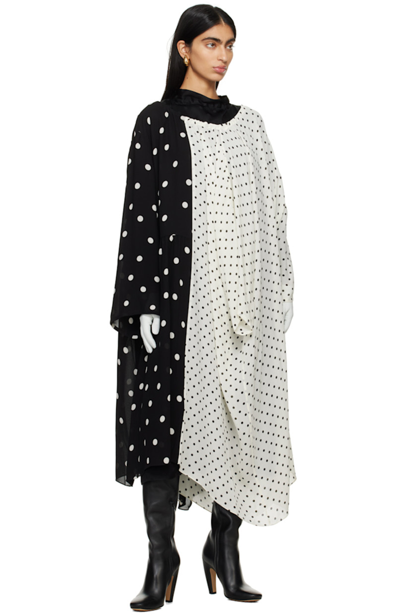 Viscose crepe and silk twill dress. Polka dots throughout.

· Asymmetrical, wrap, and layered construction
· Self-tie fastening at mock neck
· Detachable belt and belt loops at waist
· Gathering at waist and shoulders

Supplier color: Variable polka dots