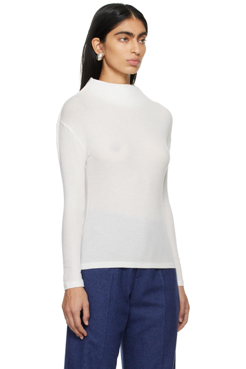 Ribbed tencel jersey T-shirt.

· Structured stand collar 
· Self-tie fastening at keyhole back collar

Supplier color: White