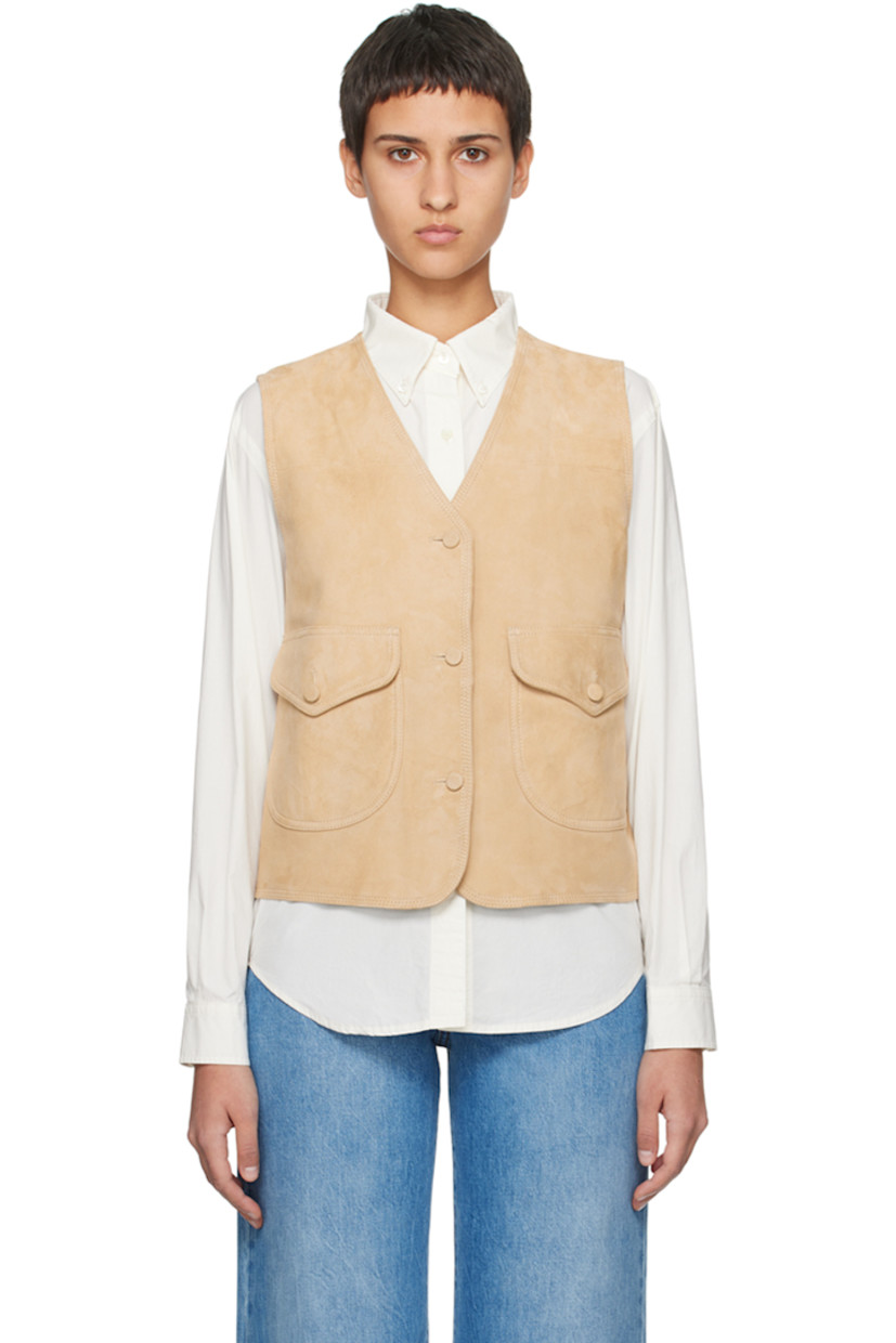 Lambskin suede vest. 

· Y-neck 
· Button closure
· Flap pockets
· Full satin lining

Supplier color: Light beige
