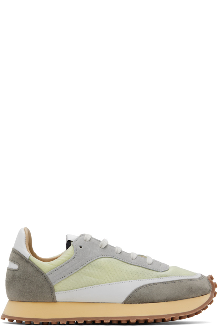Low-top paneled suede, nubuck, and mesh sneakers in green and gray.

· Lace-up closure
· Logo patch at padded tongue
· Padded collar
· Logo-embossed padded calfskin footbed 
· Buffed calfskin and mesh lining
· Foam rubber midsole
· Treaded rubber outsole

Supplier color: Soap