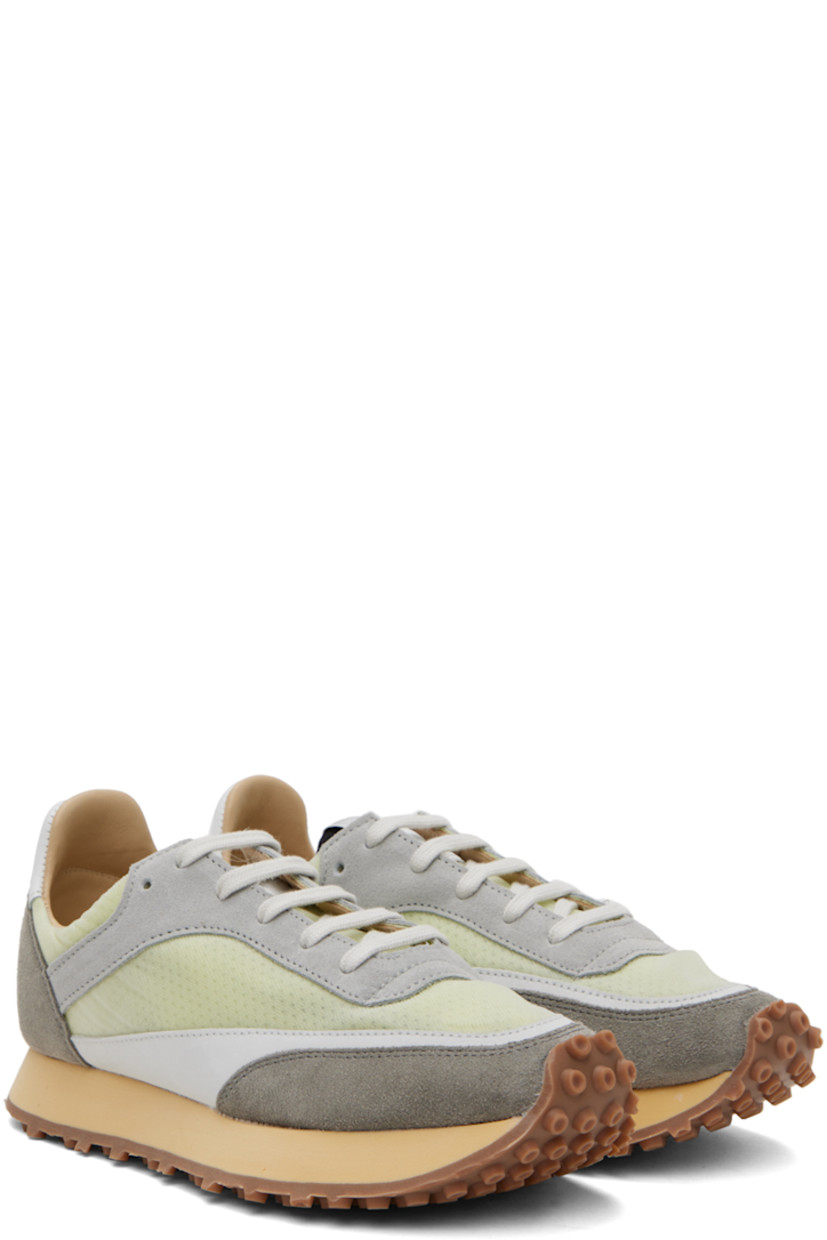 Low-top paneled suede, nubuck, and mesh sneakers in green and gray.

· Lace-up closure
· Logo patch at padded tongue
· Padded collar
· Logo-embossed padded calfskin footbed 
· Buffed calfskin and mesh lining
· Foam rubber midsole
· Treaded rubber outsole

Supplier color: Soap