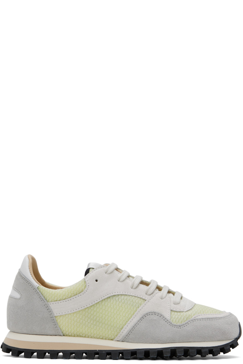 Low-top paneled mesh, suede, and buffed leather sneakers in green and gray.

· Lace-up closure
· Logo patch at padded tongue
· Padded collar 
· Buffed leather and mesh lining
· Stacked foam rubber midsole
· Treaded rubber sole

Supplier color: Soap