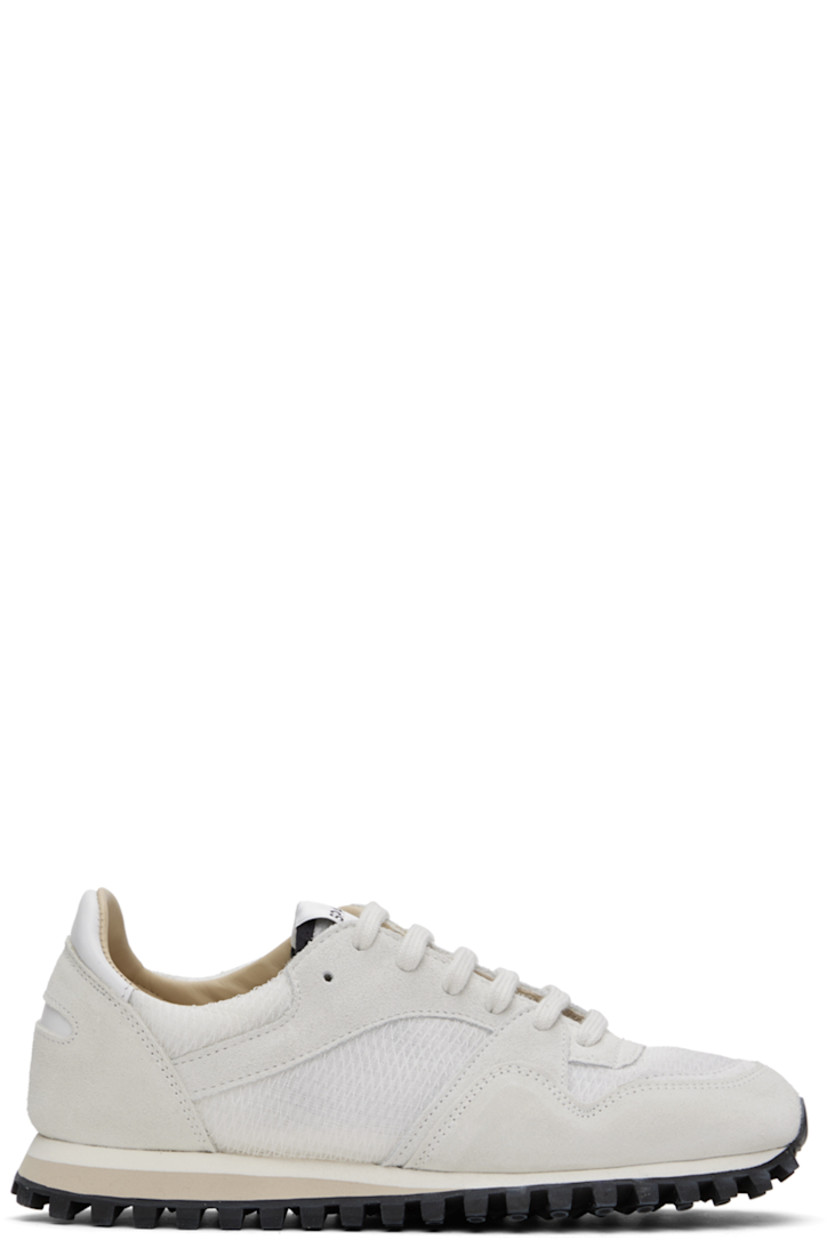 Low-top paneled mesh, suede, and buffed leather sneakers in off-white.

· Lace-up closure
· Logo patch at padded tongue
· Padded collar
· Buffed calfskin and mesh lining
· Stacked foam rubber midsole
· Treaded rubber sole

Supplier color: Off-white