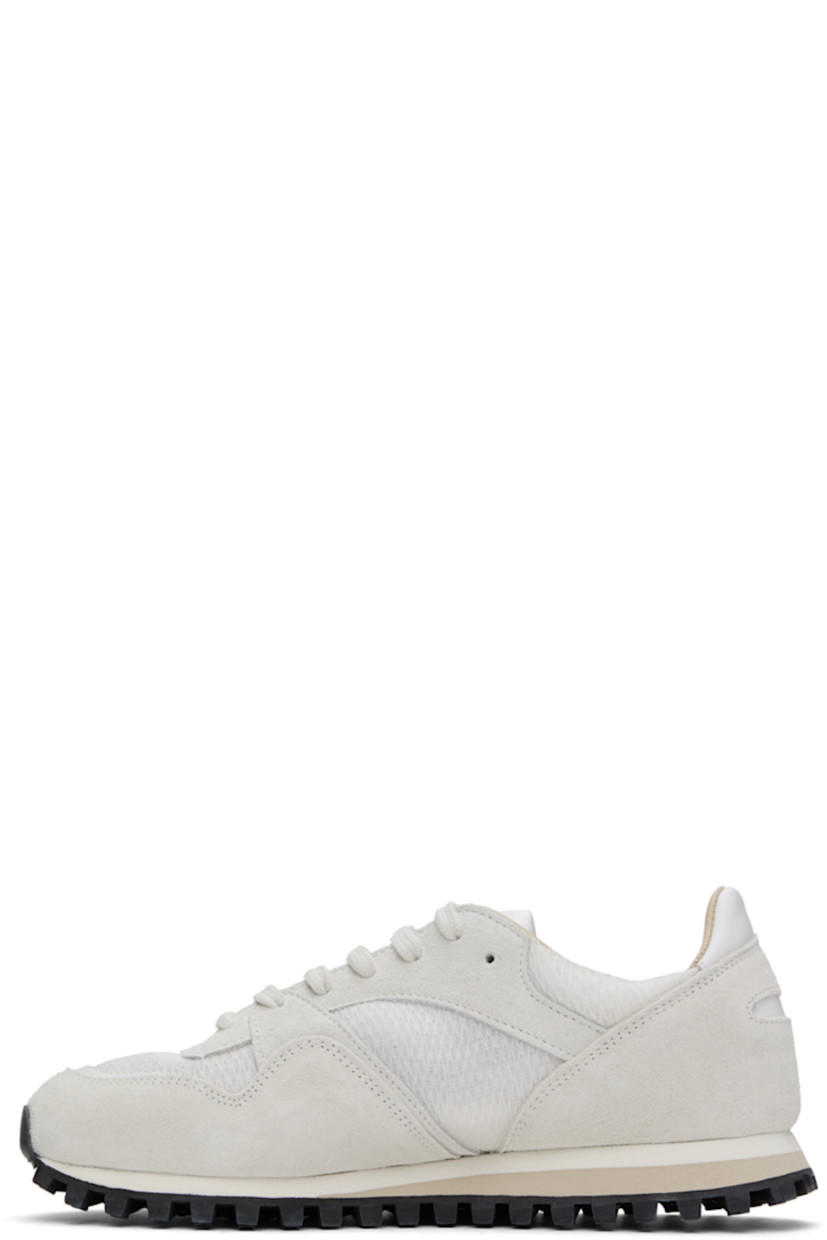 Low-top paneled mesh, suede, and buffed leather sneakers in off-white.

· Lace-up closure
· Logo patch at padded tongue
· Padded collar
· Buffed calfskin and mesh lining
· Stacked foam rubber midsole
· Treaded rubber sole

Supplier color: Off-white