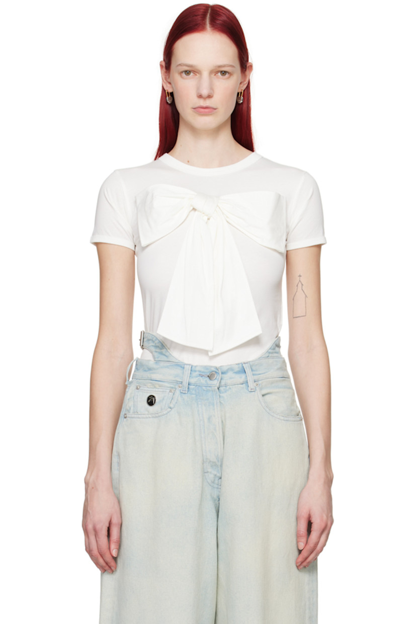 Cotton jersey T-shirt. 

· Rib knit crewneck
· Bow accent at front

Supplier color: White