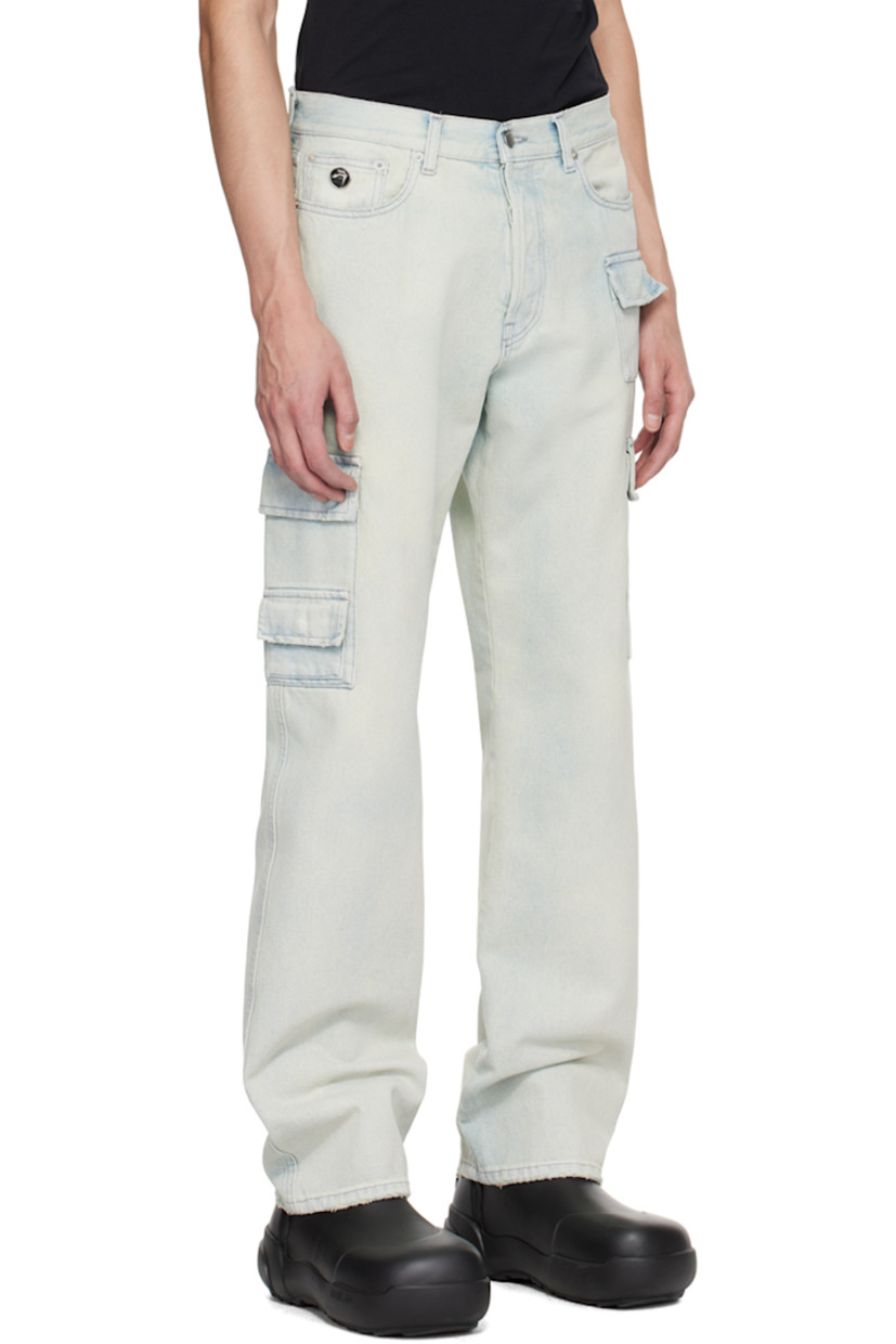 Non-stretch denim cargo pants. Fading and distressing throughout.

· Belt loops
· Five-pocket styling
· Button-fly
· Logo hardware at coin pocket
· Flap pockets at legs
· Logo patch at back waistband
· Contrast stitching in gray

Supplier color: Light blue