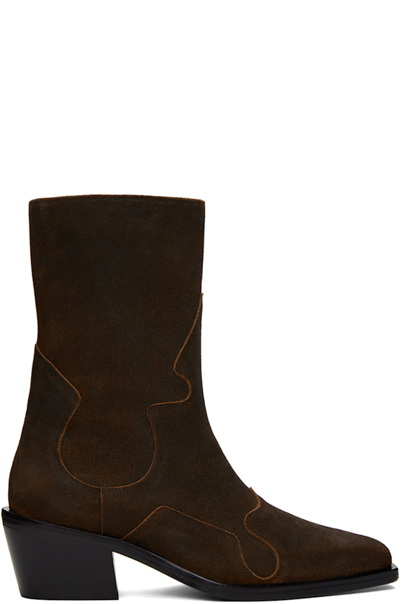 Calf-high suede boots in brown.

· Square toe
· Zip closure at inner side
· Buffed leather lining 
· Stacked leather heel with rubber injection 
· Leather sole
· Heel: H2.5" 

Supplier color: Brown