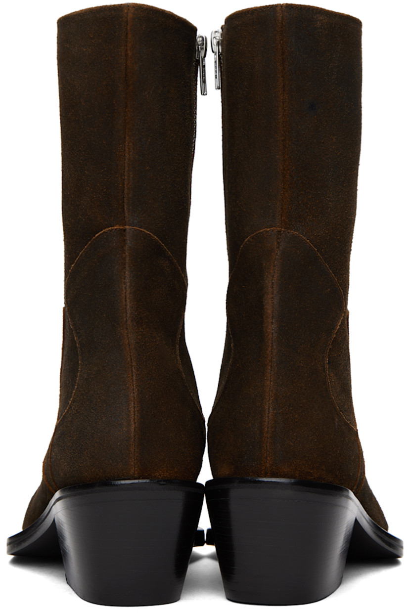Calf-high suede boots in brown.

· Square toe
· Zip closure at inner side
· Buffed leather lining 
· Stacked leather heel with rubber injection 
· Leather sole
· Heel: H2.5" 

Supplier color: Brown