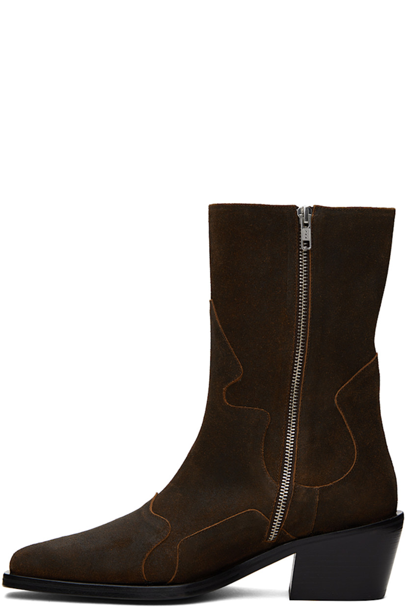 Calf-high suede boots in brown.

· Square toe
· Zip closure at inner side
· Buffed leather lining 
· Stacked leather heel with rubber injection 
· Leather sole
· Heel: H2.5" 

Supplier color: Brown