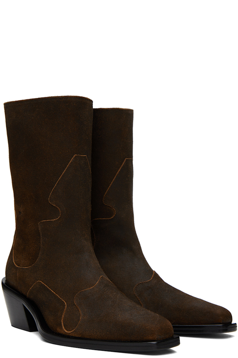 Calf-high suede boots in brown.

· Square toe
· Zip closure at inner side
· Buffed leather lining 
· Stacked leather heel with rubber injection 
· Leather sole
· Heel: H2.5" 

Supplier color: Brown