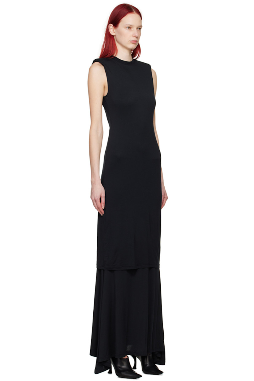 Stretch modal jersey dress. Breathable and moisture-wicking. 

· Layered construction 
· Rib knit crewneck
· Removable padding at shoulders
· Logo embroidered at back collar 

Supplier color: Black