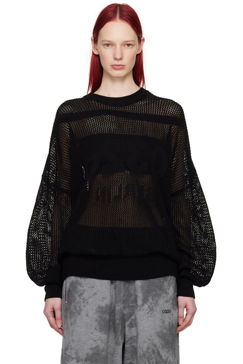 Open knit mercerized pima cotton sweater. 

· Rib knit crewneck, hem, and cuffs 
· Jacquard logo at front
· Dropped shoulders  

Supplier color: Black