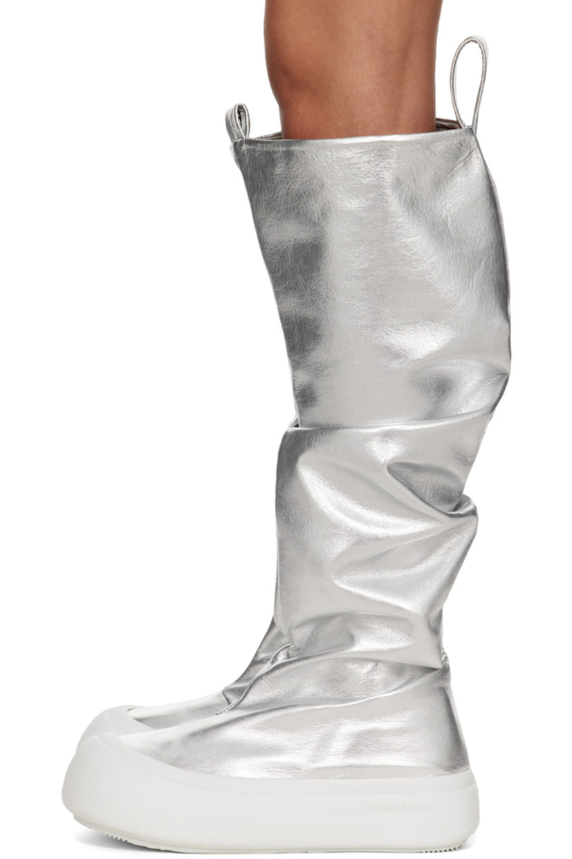Knee-high laminated grained faux-leather boots in metallic silver tone.

· Gathering throughout
· Rubber cap toe
· Pull-loops at heel collar
· Logo embossed at heel tab
· Padded footbed
· Jersey lining
· Logo embossed at rubber midsole
· Treaded rubber sole
· Platform: H1.75" 

Supplier color: Metallic