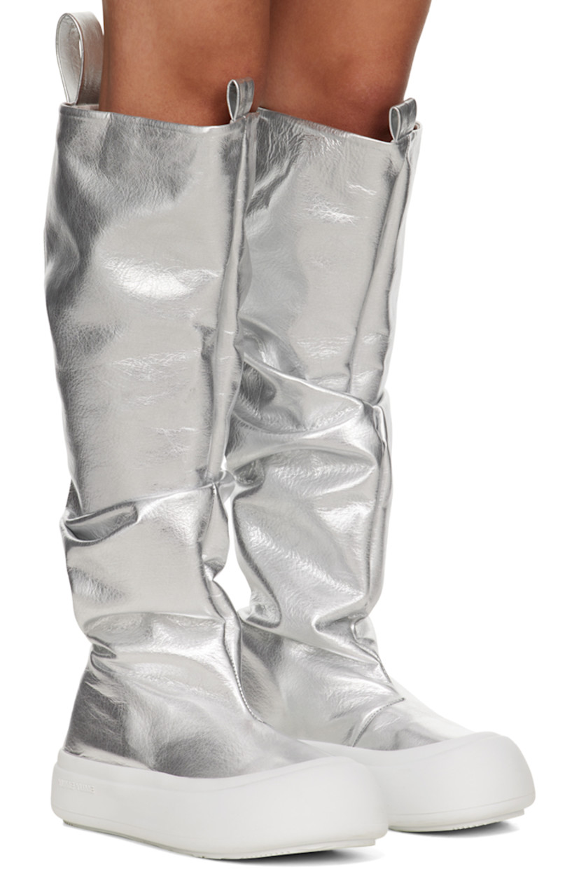Knee-high laminated grained faux-leather boots in metallic silver tone.

· Gathering throughout
· Rubber cap toe
· Pull-loops at heel collar
· Logo embossed at heel tab
· Padded footbed
· Jersey lining
· Logo embossed at rubber midsole
· Treaded rubber sole
· Platform: H1.75" 

Supplier color: Metallic