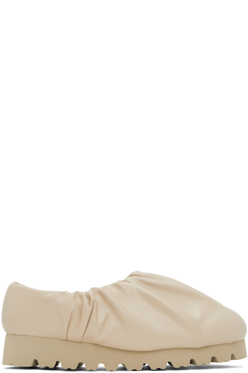 Buffed faux-leather loafers in beige. 

· Gathering throughout
· Logo printed at padded footbed
· Jersey lining 
· Treaded EVA foam rubber platform sole
· Platform: H1.5"

Supplier color: Beige