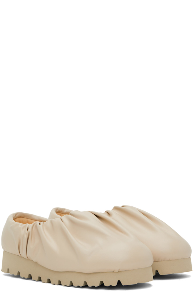 Buffed faux-leather loafers in beige. 

· Gathering throughout
· Logo printed at padded footbed
· Jersey lining 
· Treaded EVA foam rubber platform sole
· Platform: H1.5"

Supplier color: Beige