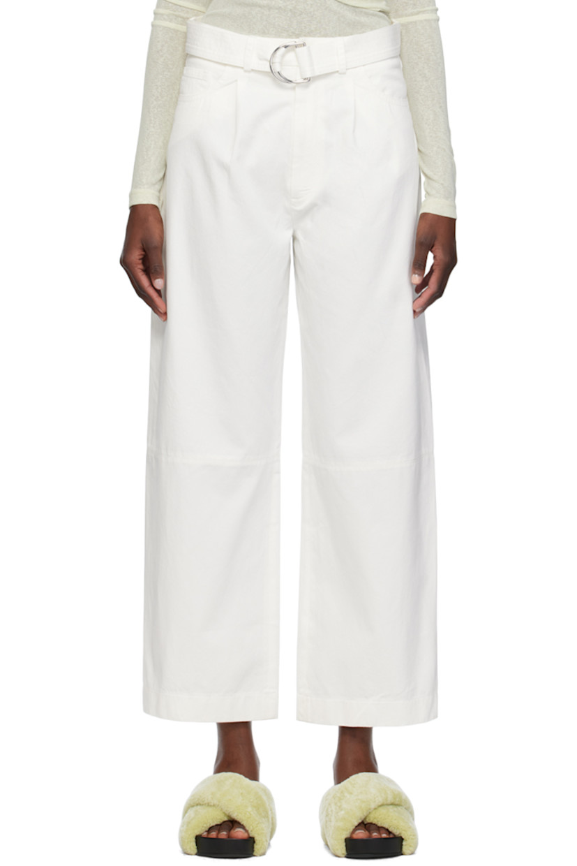 Cotton twill trousers. 

· Belt loops
· Detachable cinch belt at waistband
· Five-pocket styling
· Zip-fly

Supplier color: White