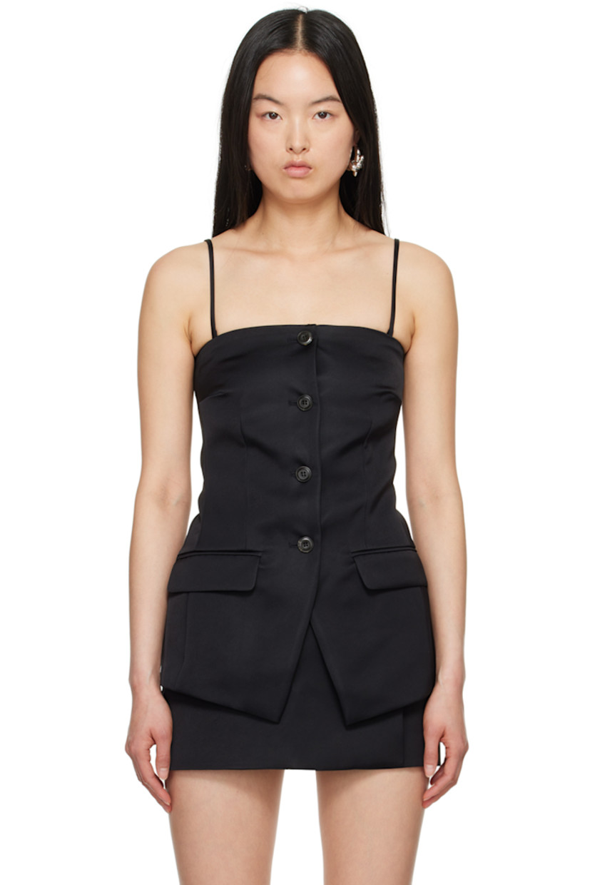 Polyester-blend satin vest.

· Straight neck
· Button closure
· Darts at chest
· Princess seams at front and back
· Flap pockets
· Asymmetric hem
· Adjustable and detachable spaghetti straps
· Vent at back hem
· Full satin twill lining

Supplier color: Black