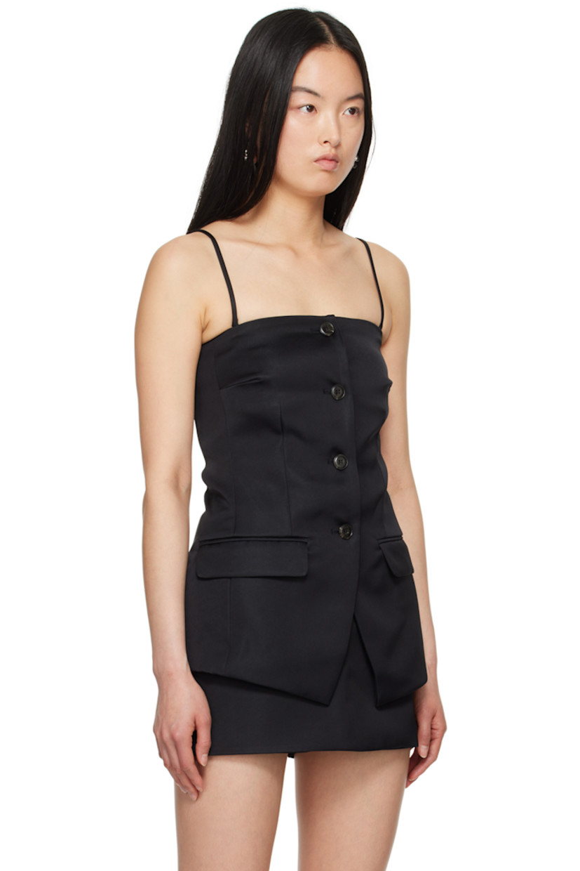 Polyester-blend satin vest.

· Straight neck
· Button closure
· Darts at chest
· Princess seams at front and back
· Flap pockets
· Asymmetric hem
· Adjustable and detachable spaghetti straps
· Vent at back hem
· Full satin twill lining

Supplier color: Black