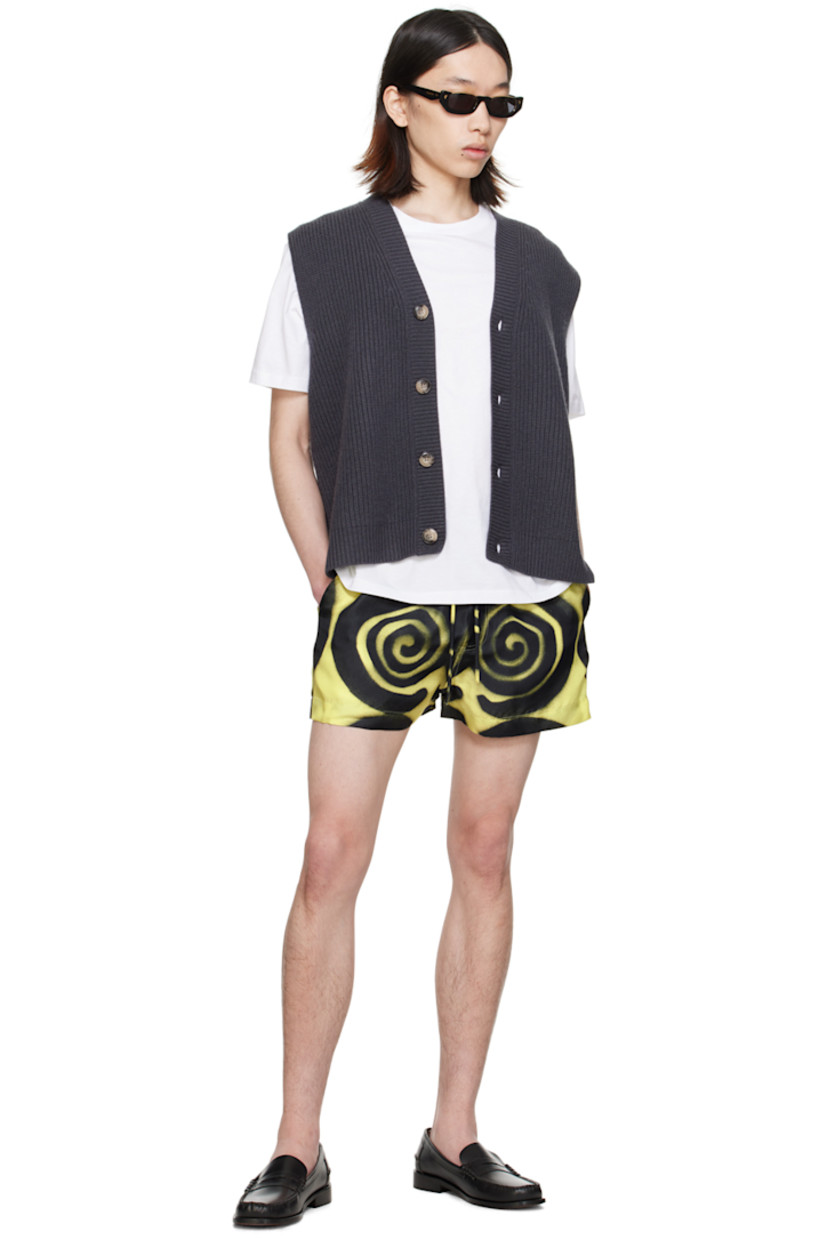 Silk twill shorts. Graphic pattern printed throughout.

· Drawstring at elasticized waistband
· Two-pocket styling
· Mock-fly

Supplier color: Spiral spray