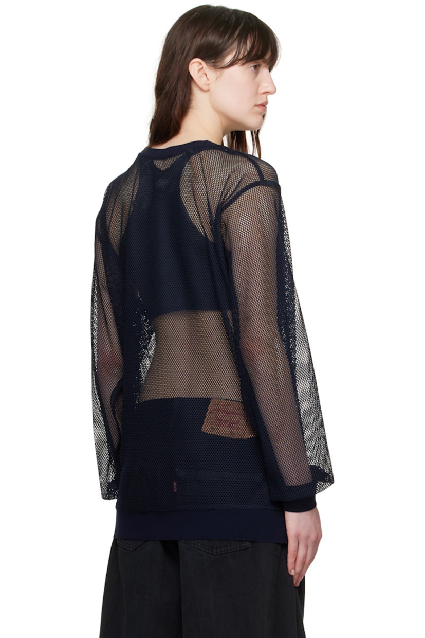 Sheer polyester mesh sweatshirt. 

· Rib knit crewneck, hem, and cuffs 
· Dropped shoulders 

Supplier color: Navy hexagon