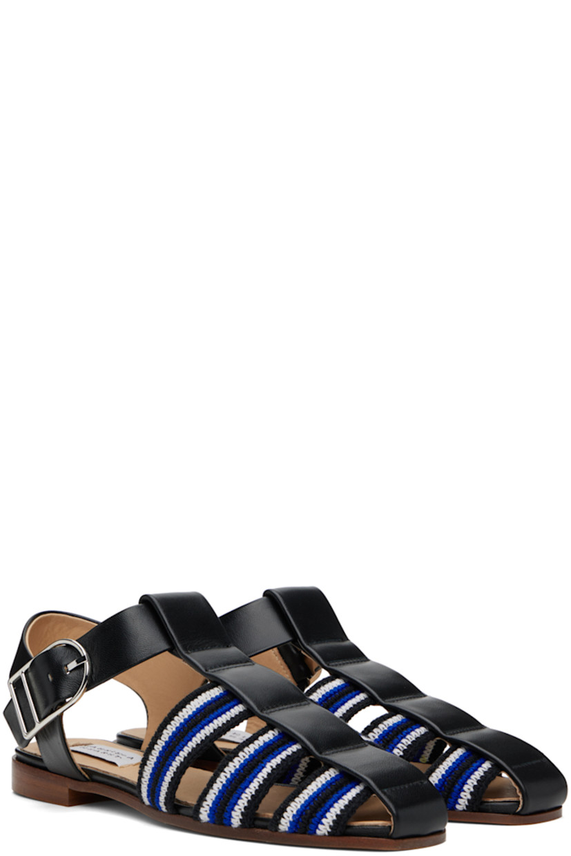 Crochet cotton and grained lambskin flat sandals in black and blue.

· Square toe 
· Stripes at vamp
· Pin-buckle ankle strap
· Grained calfskin lining
· Stacked calfskin sole with rubber injection

Supplier color: Black/Ivory/Sapphire