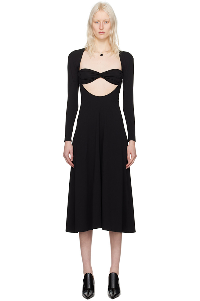 Stretch cotton jersey dress. Gathering throughout.

· Sweetheart neck
· Cutout at front
· Flared hem
· Boning at side seams

Supplier color: Black
