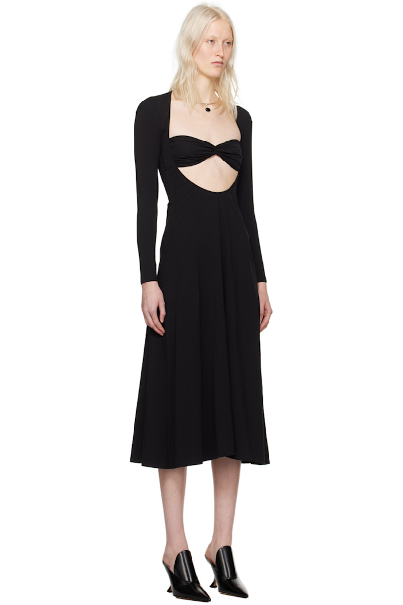 Stretch cotton jersey dress. Gathering throughout.

· Sweetheart neck
· Cutout at front
· Flared hem
· Boning at side seams

Supplier color: Black