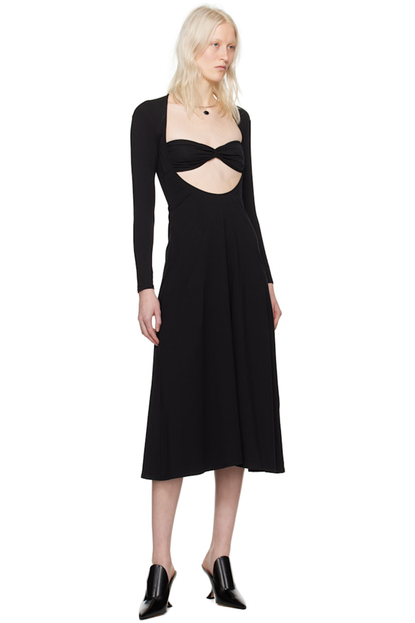 Stretch cotton jersey dress. Gathering throughout.

· Sweetheart neck
· Cutout at front
· Flared hem
· Boning at side seams

Supplier color: Black