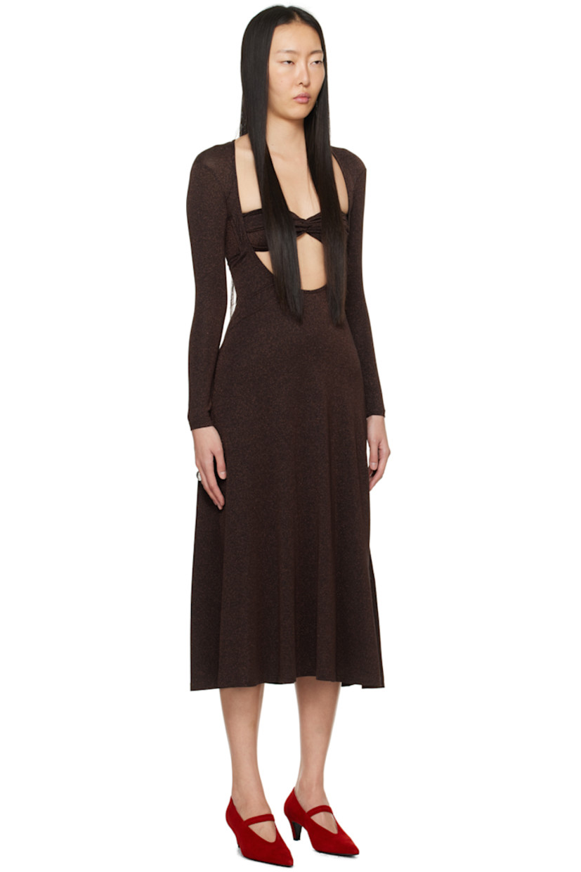 Stretch viscose-blend jersey dress. Metallic thread detailing throughout. 

· Layered construction
· Shirring at chest
· Cutout at front
· Flared hem
· Boning at side seams

Supplier color: Espresso