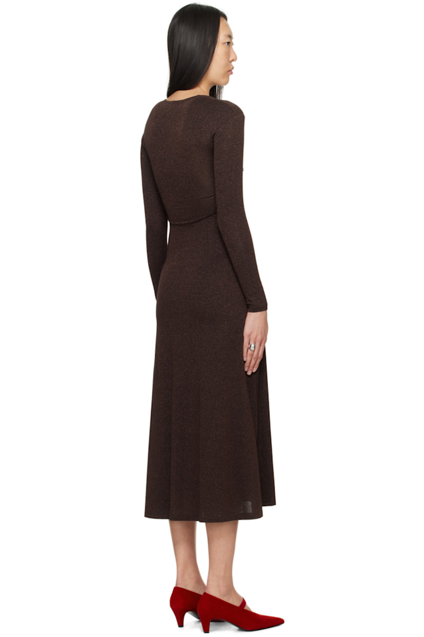 Stretch viscose-blend jersey dress. Metallic thread detailing throughout. 

· Layered construction
· Shirring at chest
· Cutout at front
· Flared hem
· Boning at side seams

Supplier color: Espresso