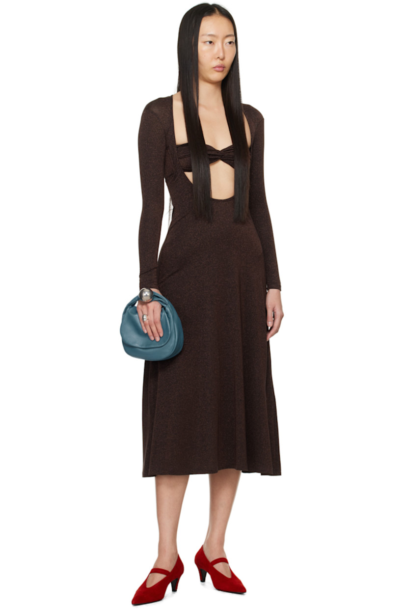 Stretch viscose-blend jersey dress. Metallic thread detailing throughout. 

· Layered construction
· Shirring at chest
· Cutout at front
· Flared hem
· Boning at side seams

Supplier color: Espresso