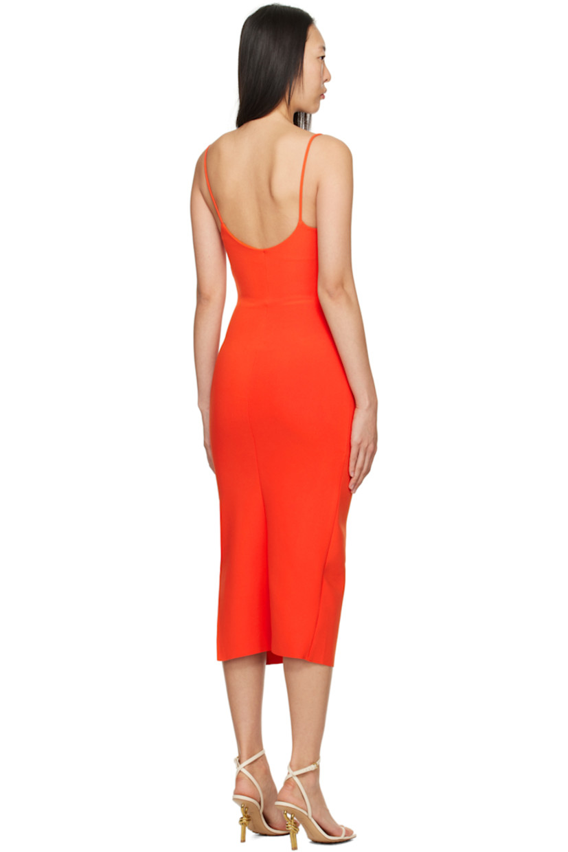Stretch polyester crepe dress.

· Scoop neck
· Darts at chest
· Ruching at side seams
· Vented side seam
· Fixed spaghetti straps
· Partial jersey lining

Supplier color: Fire