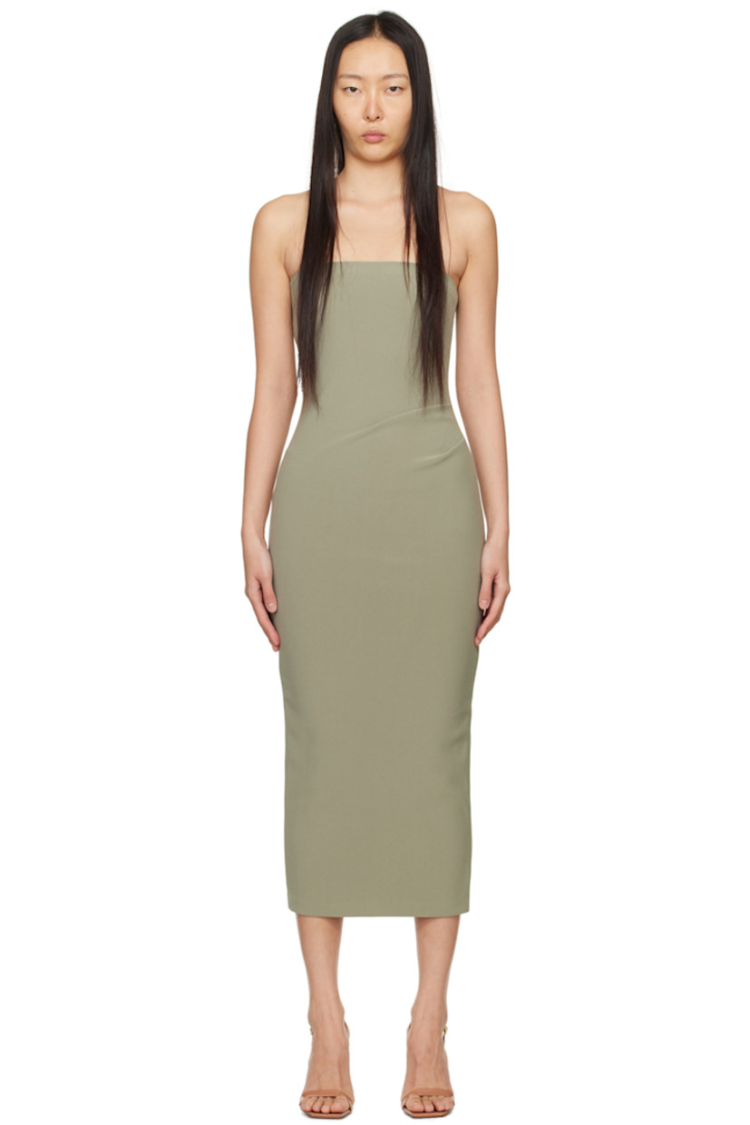 Stretch polyester crepe dress. 

· Straight neck
· Darts at chest
· Ruching at side seams
· Zip closure at back

Supplier color: Sage