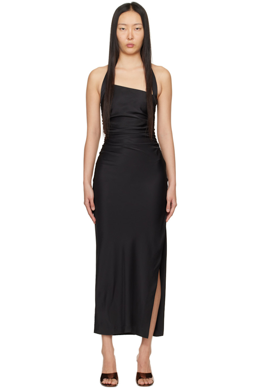 Recycled polyester-blend satin dress.

· Asymmetrical construction 
· Fixed halter neck
· Ruching at side seams
· Zip closure at vented side seam

Supplier color: Black