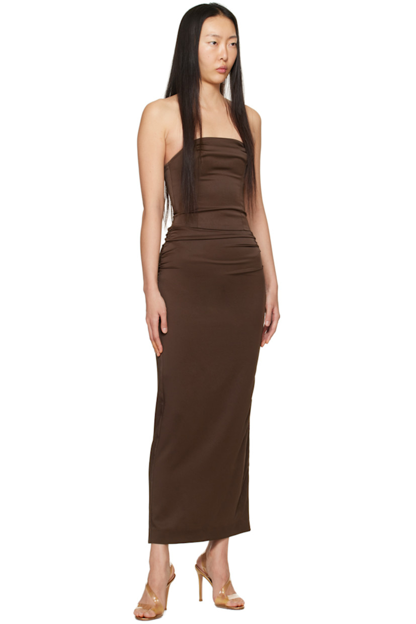 Crinkled recycled polyester-blend satin dress. Boning and darts throughout.

· Straight neck
· Ruching at side seams
· Zip closure at vented side seam
· Full twill lining

Supplier color: Cocoa