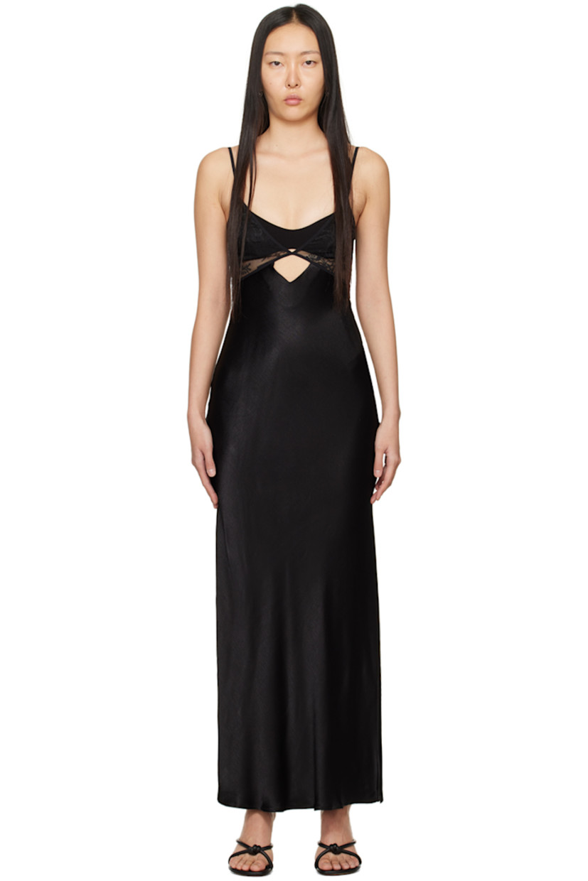 Bias-cut viscose twill dress. Stretch nylon lace trim throughout.

· Layered construction
· V-neck
· Cutout at chest and back
· Adjustable spaghetti straps
· Hook-eye fastening at back
· Concealed zip closure at back

Supplier color: Black