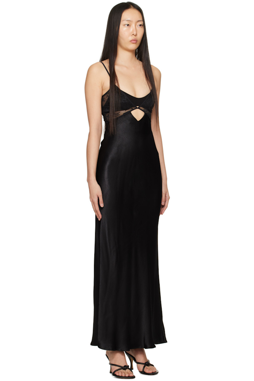 Bias-cut viscose twill dress. Stretch nylon lace trim throughout.

· Layered construction
· V-neck
· Cutout at chest and back
· Adjustable spaghetti straps
· Hook-eye fastening at back
· Concealed zip closure at back

Supplier color: Black