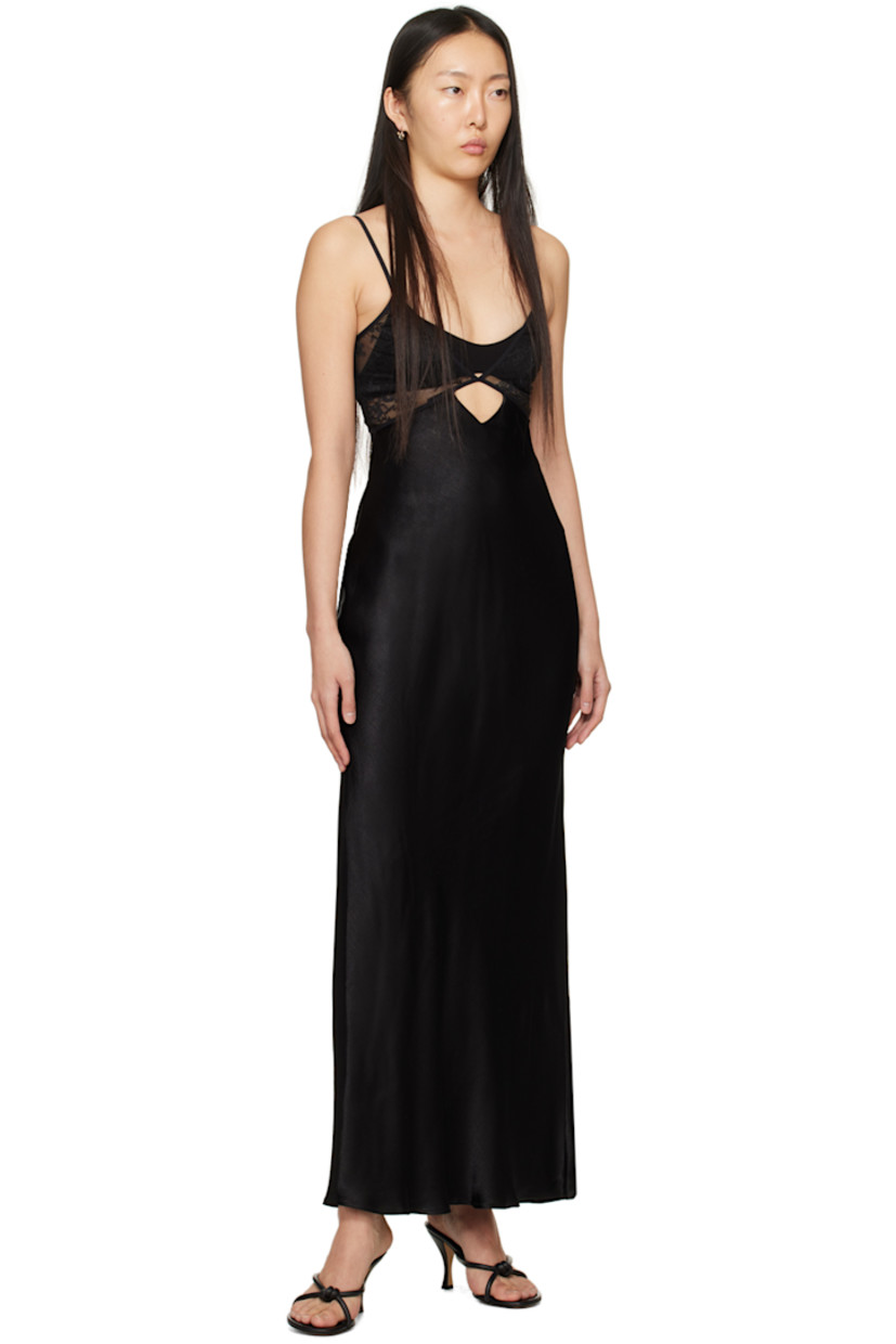 Bias-cut viscose twill dress. Stretch nylon lace trim throughout.

· Layered construction
· V-neck
· Cutout at chest and back
· Adjustable spaghetti straps
· Hook-eye fastening at back
· Concealed zip closure at back

Supplier color: Black