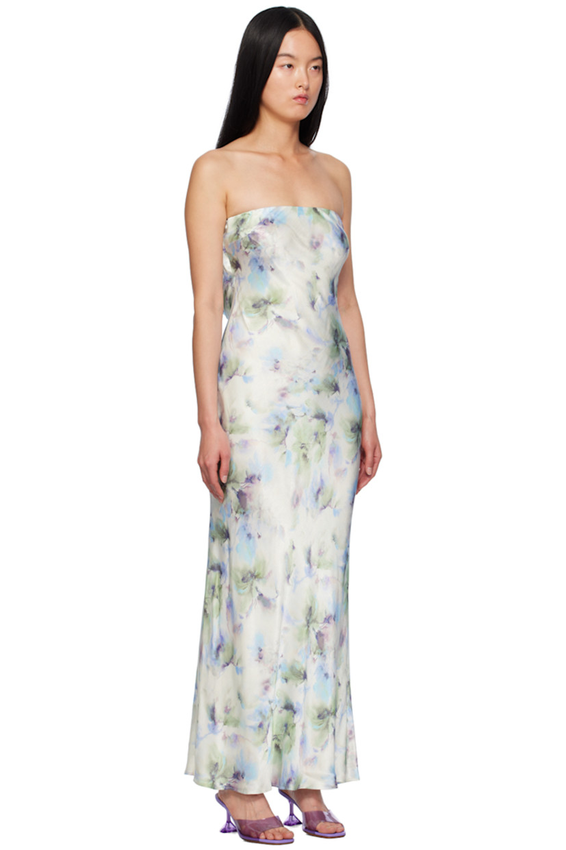 Bias-cut viscose hammered satin dress. Floral pattern printed throughout.

· Strapless construction
· Elasticized straight neck
· Darts at chest
· Hook-eye strap at low back
· Draping at back
· Unlined

Supplier color: Watercolour floral
