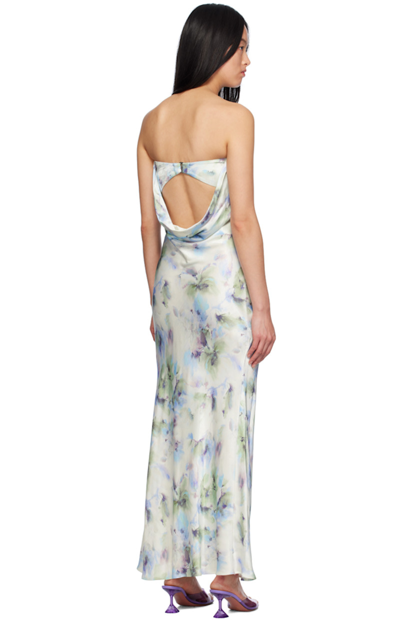 Bias-cut viscose hammered satin dress. Floral pattern printed throughout.

· Strapless construction
· Elasticized straight neck
· Darts at chest
· Hook-eye strap at low back
· Draping at back
· Unlined

Supplier color: Watercolour floral