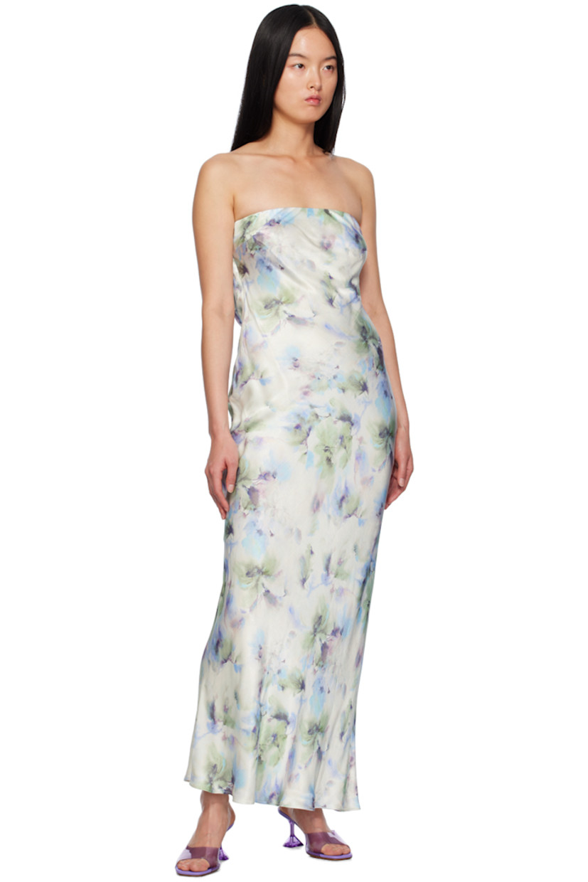 Bias-cut viscose hammered satin dress. Floral pattern printed throughout.

· Strapless construction
· Elasticized straight neck
· Darts at chest
· Hook-eye strap at low back
· Draping at back
· Unlined

Supplier color: Watercolour floral
