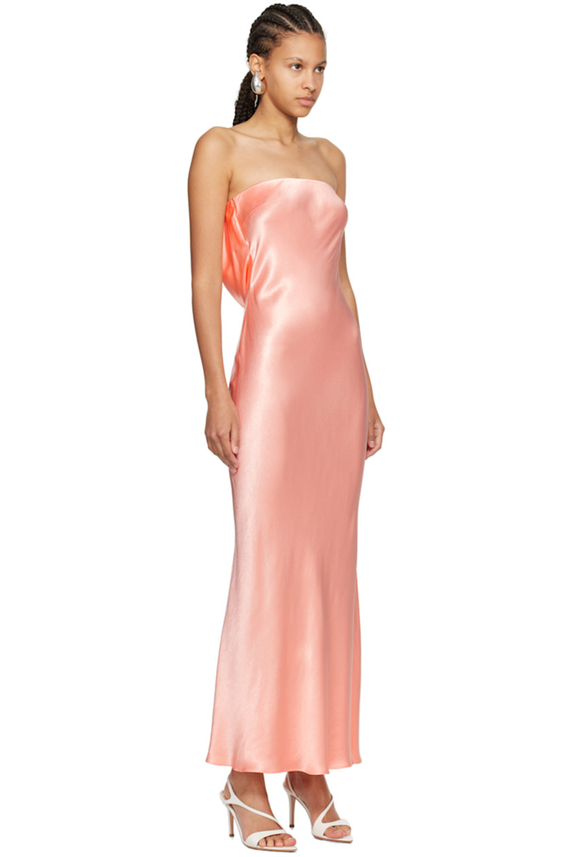 Viscose charmeuse dress.

· Straight neck
· Darts at chest
· Hook-eye strap at low back

Supplier color: Coral