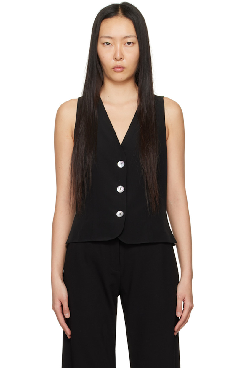 Silk crepe vest. 

· Paneled construction
· V-neck
· Button closure 
· Vented side seams
· Shell hardware

Supplier color: Black