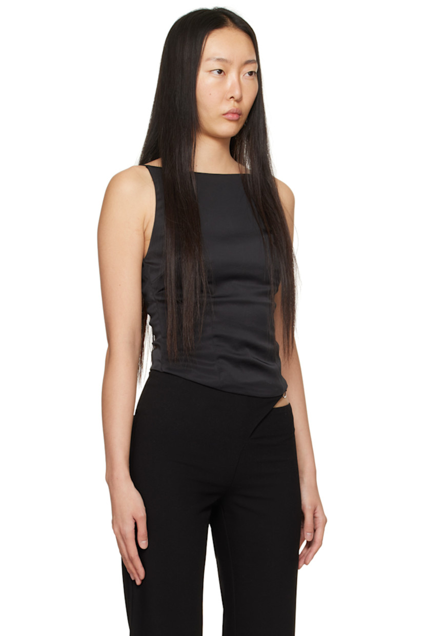 Recycled polyester-blend satin tank top. 

· Boat neck
· Darts at front 
· Zip closure and ruching at side seam
· Fixed shoulder straps
· Fully lined

Supplier color: Black