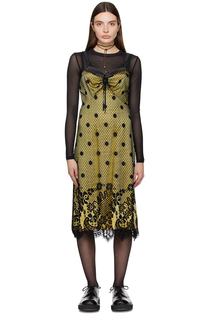 Stretch polyester satin dress. Lace overlay and scalloped trim throughout. 

· Paneled construction
· Self-tie fastening at sweetheart neck
· Fixed spaghetti straps 
· Concealed zip closure at back

Supplier color: Canary yellow