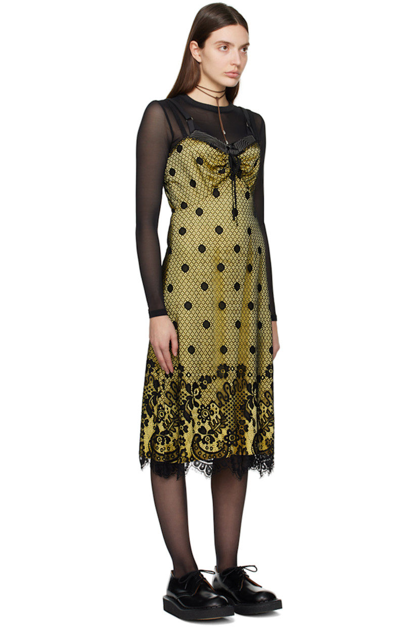 Stretch polyester satin dress. Lace overlay and scalloped trim throughout. 

· Paneled construction
· Self-tie fastening at sweetheart neck
· Fixed spaghetti straps 
· Concealed zip closure at back

Supplier color: Canary yellow