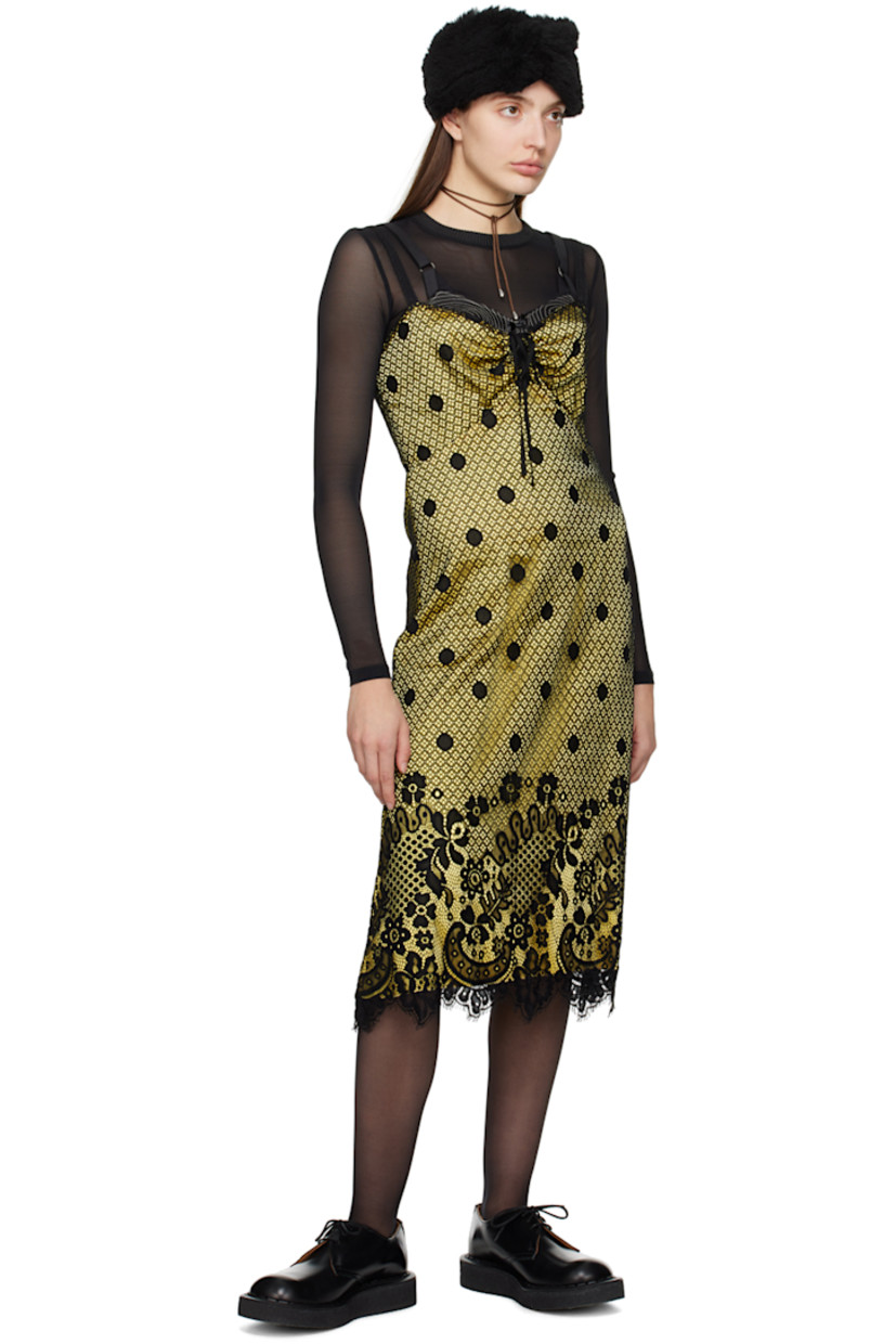 Stretch polyester satin dress. Lace overlay and scalloped trim throughout. 

· Paneled construction
· Self-tie fastening at sweetheart neck
· Fixed spaghetti straps 
· Concealed zip closure at back

Supplier color: Canary yellow